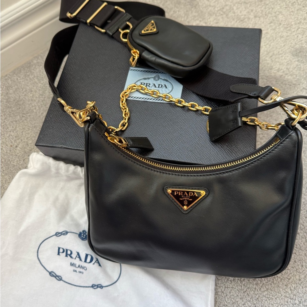 Prada Black Leather Shoulder Bag with Gold Hardware and Chain